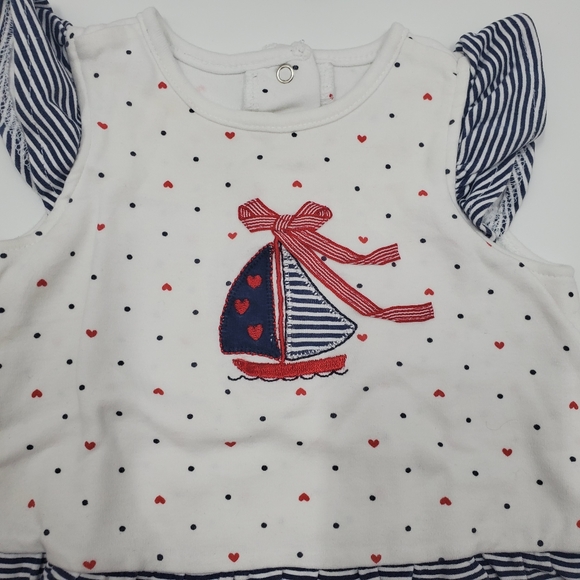 Little Me Sailboat Polkadot Hearts Onesie Hat Matching Set Ruffles White - Picture 2 of 6